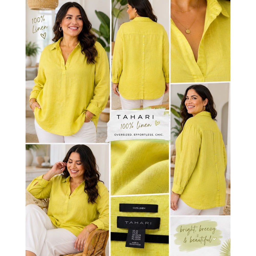 Tahari 100% Linen Tunic Top Lime Green Oversized‎ Button Back Blouse Womens 2X